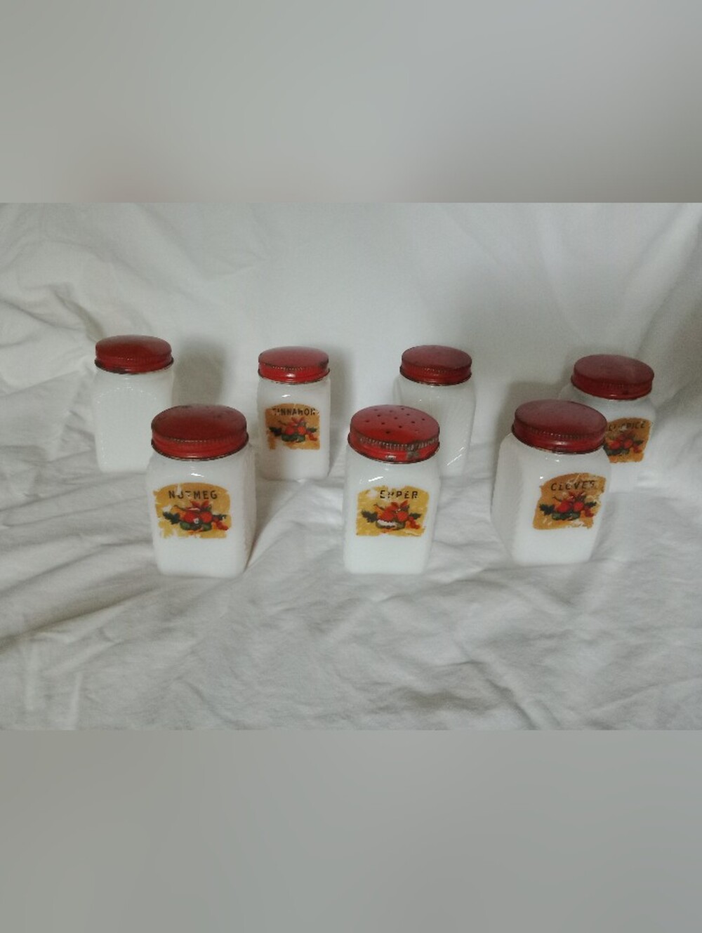 Vintage McKee Milk Glass Sunburst Spice Jars Set of 7 From 1940s